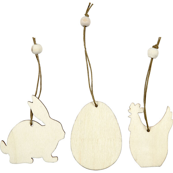Creativ Company Houten decoraties, konijn, ei, kip, afm 6 cm, dikte 3 mm, 9 stuk/ 1 doos