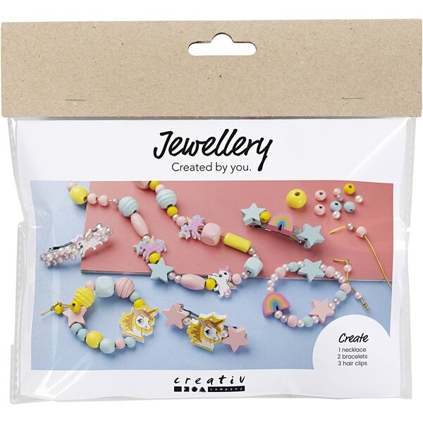 Creativ Company Mini Hobbyset Sieraden, Halsketting, armbanden, oorbellen, lichtblauw, lichtrood, geel, 1 doos