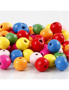  Houten kralen, d 10 mm, gatgrootte 2,5-3 mm, diverse kleuren, 500 gr/ 1 zak
