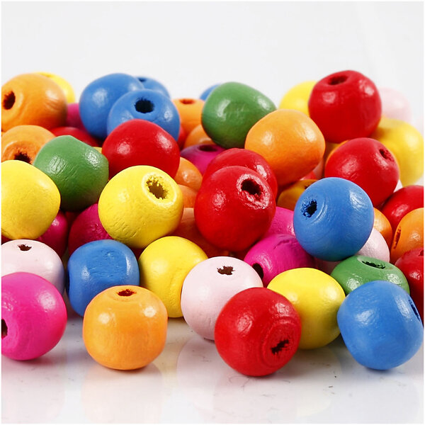 Houten kralen, d 10 mm, gatgrootte 2,5-3 mm, diverse kleuren, 500 gr/ 1 zak