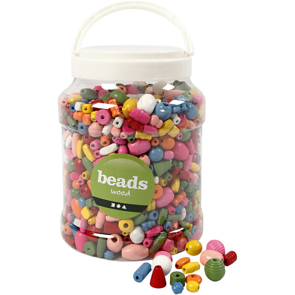 Creativ Company Houten kralen, afm 5-28 mm, gatgrootte 2,5-3 mm, diverse kleuren, 850 gr, 2 L/ 1 emmer