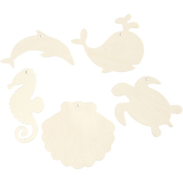Creativ Company Zeedieren om op te hangen, Zeepaard, schildpad, dolfijn, schelp en walvis, H: 5-10 cm, B: 5-10 cm, gatgrootte 3 mm, dikte 2 mm, 5 stuk/ 1 doos