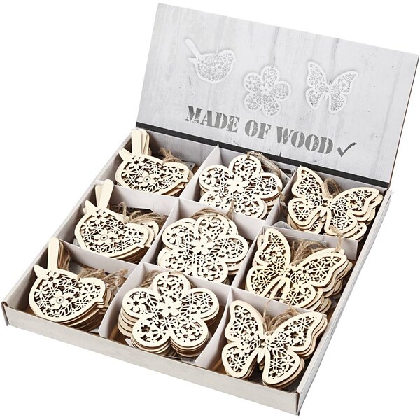 Creativ Company Houten figuren, vlinder, bloem en vogel, H: 10 cm, B: 10 cm, 90 stuk/ 1 doos