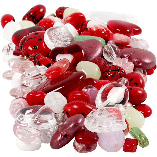 Creativ Company Glazen kralen, lieveheersbeestje, bladeren, harten, d 5-22 mm, gatgrootte 0,5-1,5 mm, diverse kleuren, 350 gr/ 1 doos