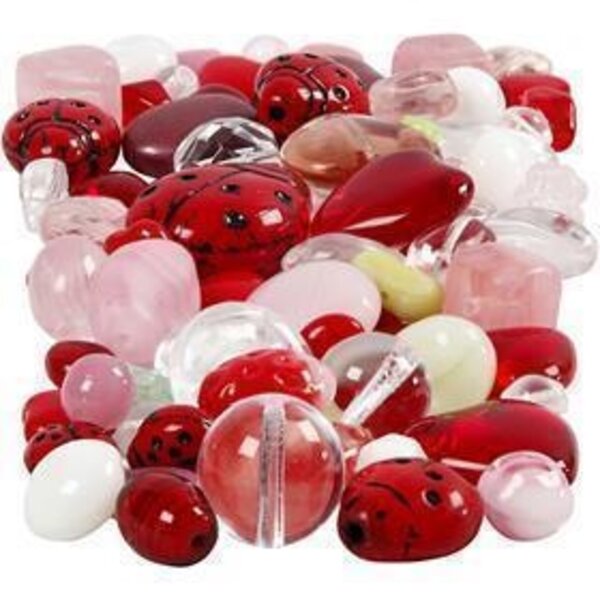 Creativ Company Glazen kralen, Lieveheersbeestjes, blaadjes, harten, afm 5-22 mm, gatgrootte 0,5-1,5 mm, diverse kleuren, 60 gr/ 1 doos