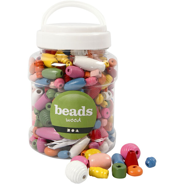 Creativ Company Houten kralen, afm 5-28 mm, gatgrootte 2,5-3 mm, diverse kleuren, 175 gr, 400 ml/ 1 emmer