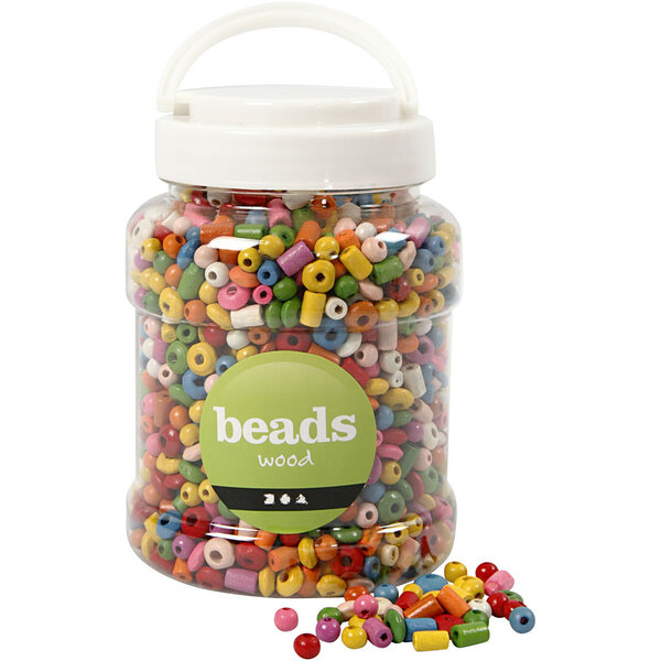 Creativ Company Houten kralen, d 5-8 mm, gatgrootte 1,5 mm, diverse kleuren, 175 gr, 400 ml/ 1 emmer