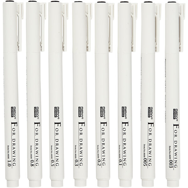 Fineliners, lijndikte 0,03+0,05+0,1+0,2+0,3+0,5+0,8+1,0 mm, zwart, 8 stuk/ 1 doos