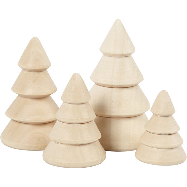 Creativ Company Kerstbomen van hout, H: 3,3+4,3+5,3+6,3 cm, d 2,3+3+3,2+4 cm, 4 stuk/ 1 doos