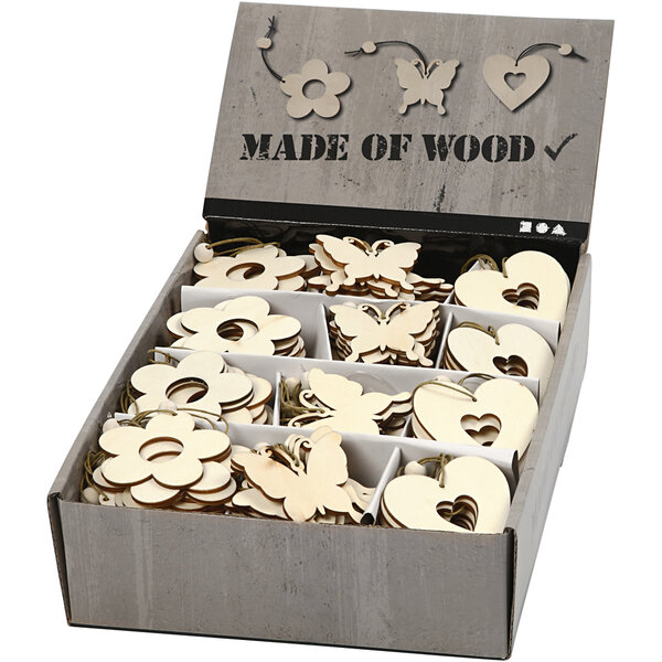Creativ Company Houten decoraties, bloem, vlinder, hart, afm 6 cm, dikte 3 mm, 200 stuk/ 1 doos