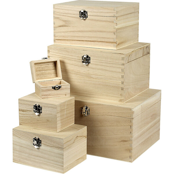Creativ Company Set houten dozen, H: 5+7+9+11+13+15 cm, L: 8+11,8+15,8+20+24+27,7 cm, B: 5,8+8,8+12+15+18+21 cm, 6 stuk/ 1 set