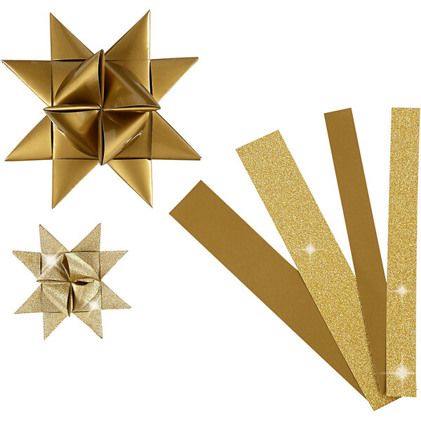 Vivi Gade Papieren vlechtstroken, L: 44+78 cm, B: 15+25 mm, d 6,5+11,5 cm, glitter,vernis, goud, 40 stroken/ 1 doos