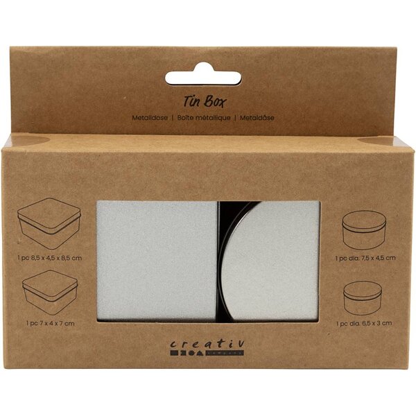 Creativ Company Blikje, Cirkel en vierkant, H: 3-4,5 cm, d 6,5+7,5 cm, afm 7x7+8,5x8,5 cm, grey metal, 4 stuk/ 1 doos
