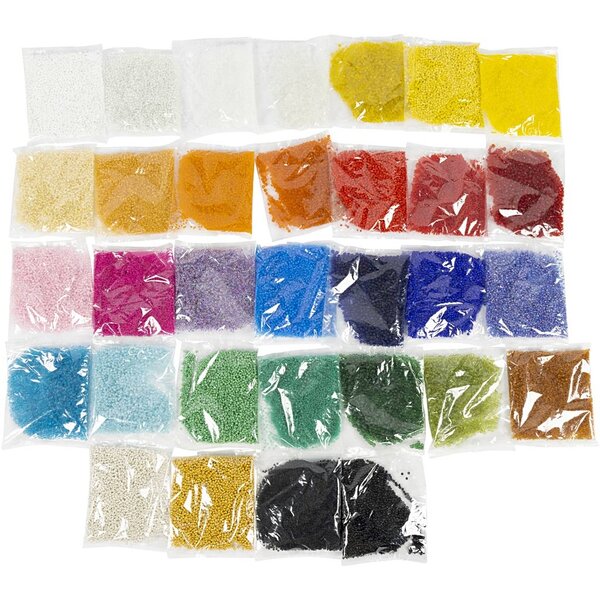 Creativ Company Rocailles, d 1,7+3+4 mm, afm 6/0+8/0+12/0, gatgrootte 0,5-1,2 mm, kleuren kan variëren , 32x100 gr/ 1 doos