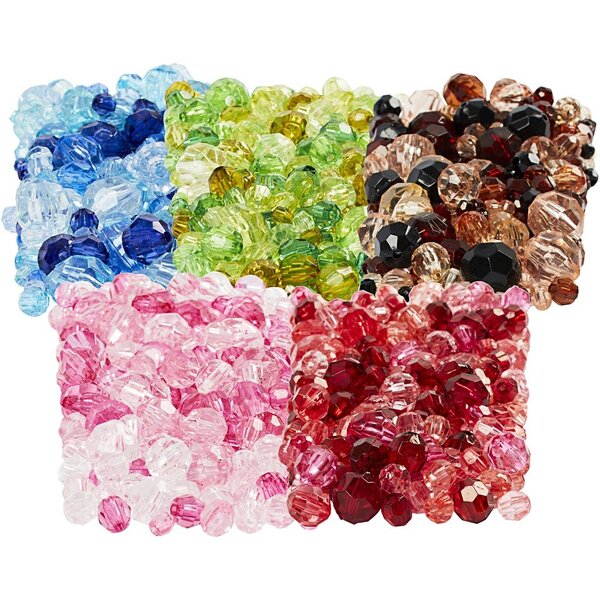Creativ Company Facet kralen, d 4-12 mm, gatgrootte 1-2,5 mm, diverse kleuren, 7x250 gr/ 1 doos