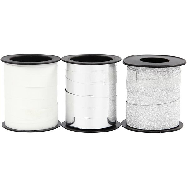Creativ Company Cadeaulint, B: 10 mm, zilver, glitter zilver, wit, 3x15 m/ 1 doos