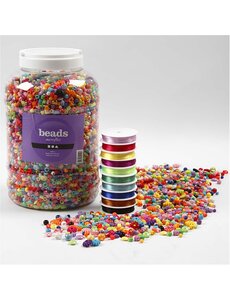 Creativ Company Plastic Kralen en Elastisch Koord, afm 6-20 mm, gatgrootte 1,5-6 mm, 1 doos