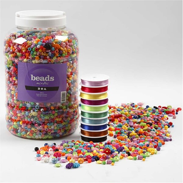 Creativ Company Plastic Kralen en Elastisch Koord, afm 6-20 mm, gatgrootte 1,5-6 mm, 1 doos