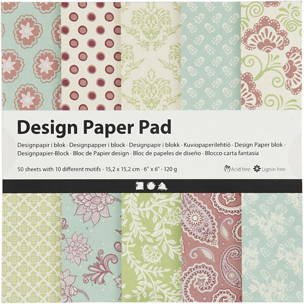 Creativ Company Design papierblok, vel 15,2x15,2 cm, 120 gr, mint groen, paars, 50 vel/ 1 doos