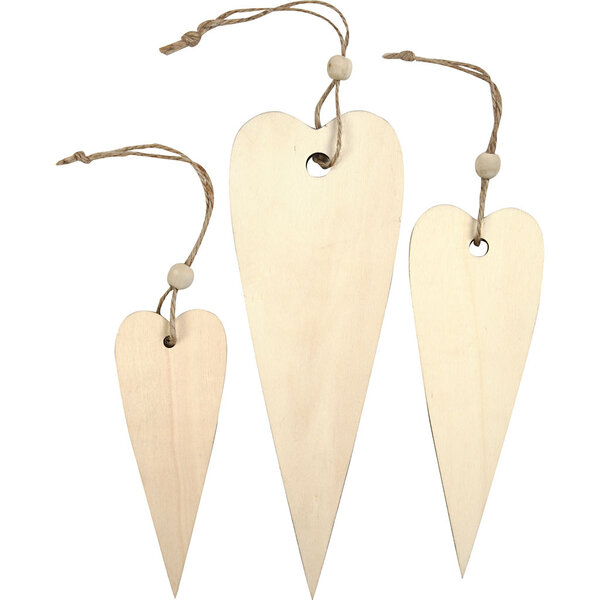 Creativ Company Houten decoraties, lang hart, H: 12+16+20 cm, dikte 5 mm, 3 stuk/ 1 doos