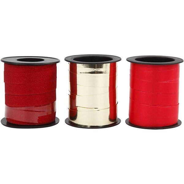 Creativ Company Cadeaulint, B: 10 mm, goud, rood, rood glitter, 3x15 m/ 1 doos