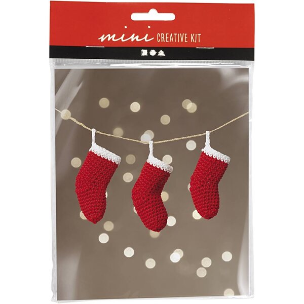 Creativ Company Mini Hobbyset Haken, Kerstsokken, rood/wit, 1 doos