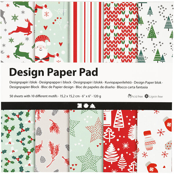 Creativ Company Design papierblok, vel 15,2x15,2 cm, 120 gr, groen, rood, wit, 50 vel/ 1 doos