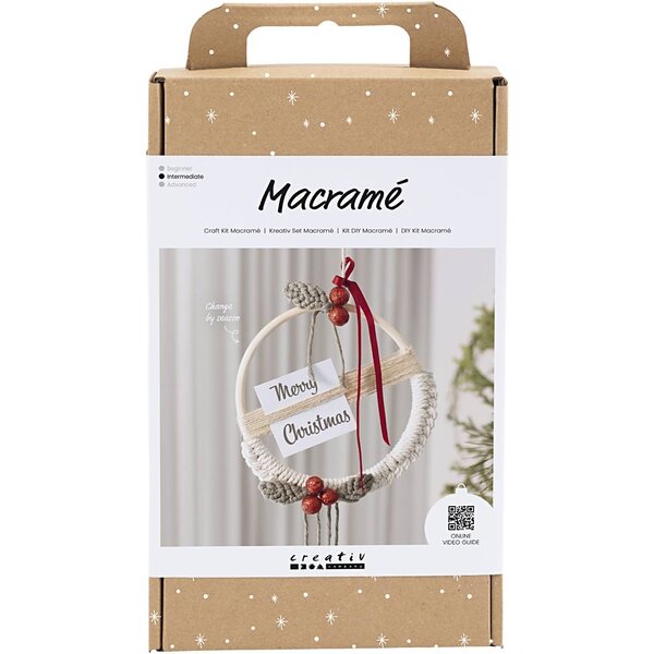 Creativ Company Hobbyset Macramé, Kerstkrans, mosgroen, kerstrood, off-white, 1 doos
