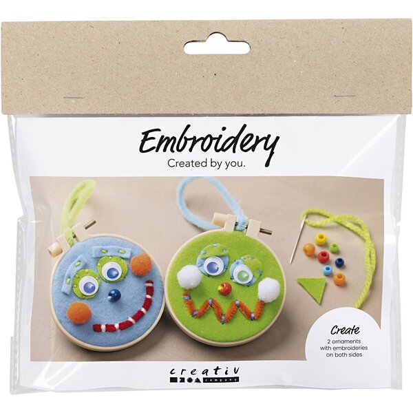 Creativ Company Mini Hobbyset Borduren, Gezichtjes, blauw, groen, 1 doos