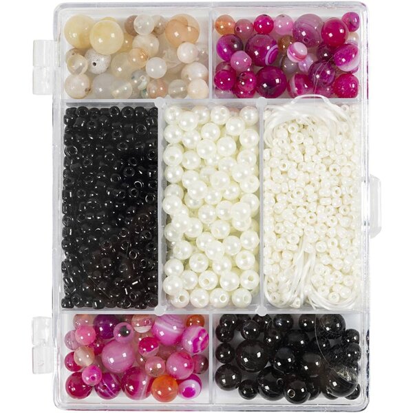 Creativ Company Creatieve Box Sieraden, Agaten, afm 2,6-10 mm, gatgrootte 0,8-1,8 mm, beige, zwart, roze, wit parelmoer, 1 doos