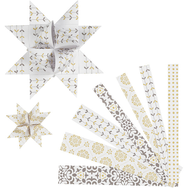 Vivi Gade Papieren vlechtstroken, L: 44+78 cm, d 6,5+11,5 cm, B: 15+25 mm, goud, wit, 48 stroken/ 1 doos