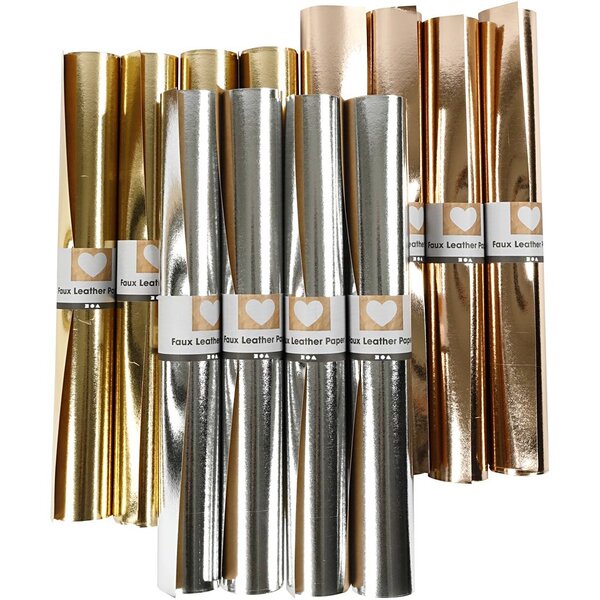 Creativ Company Faux Leather Papier, B: 49 cm, dikte 0,55 mm, unikleurig,met folie, goud, roze goud, zilver, 12x1 m/ 1 doos