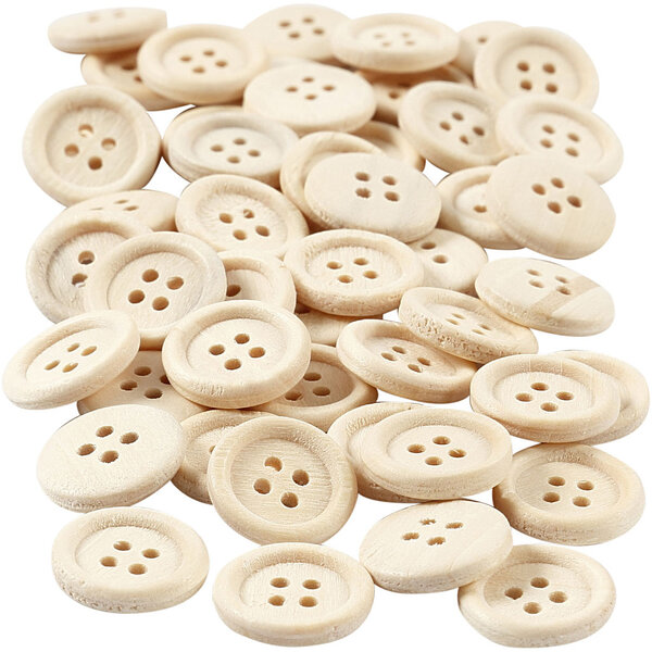 Creativ Company Houten knopen, d 15 mm, 4 gaten, 50 stuk/ 1 doos