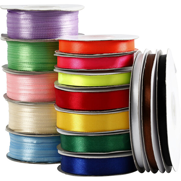 Creativ Company Satijnlint, B: 3-19 mm, diverse kleuren, 15 rol/ 1 doos