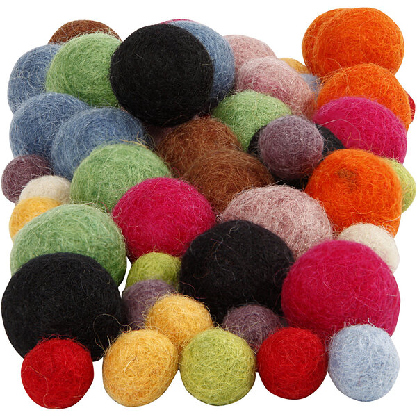 Creativ Company Wol kralen, d 10+20 mm, diverse kleuren, 52 stuk/ 1 doos