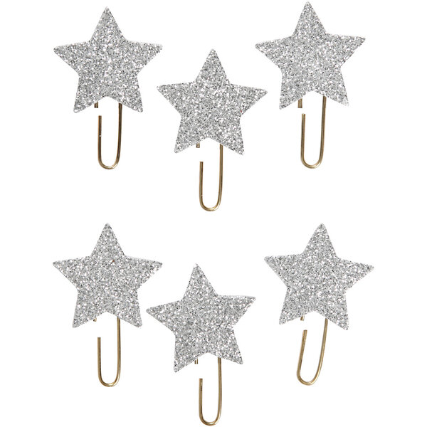 Vivi Gade Paperclips, ster, d 30 mm, glitter zilver, 6 stuk/ 1 doos
