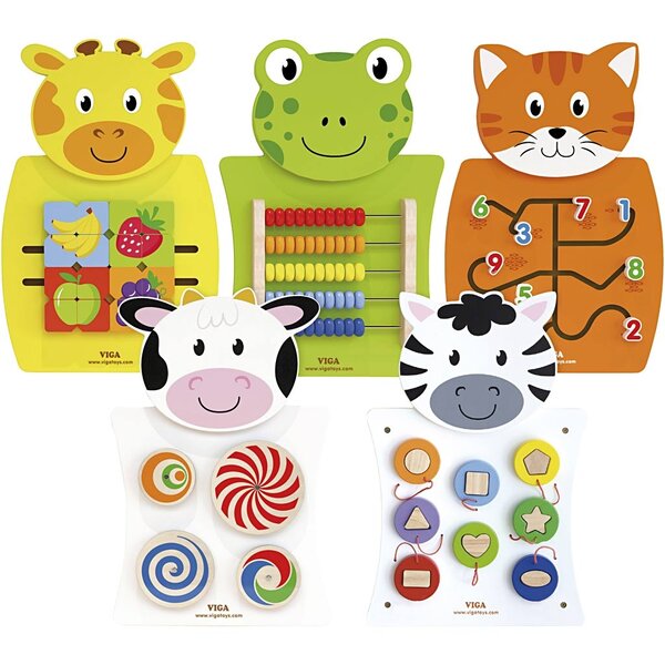 VIGA Activiteitenboard, Koe, katten, kikker, zebra en giraf, afm 36x55x3,5 cm, 5 onderdelen/ 1 doos
