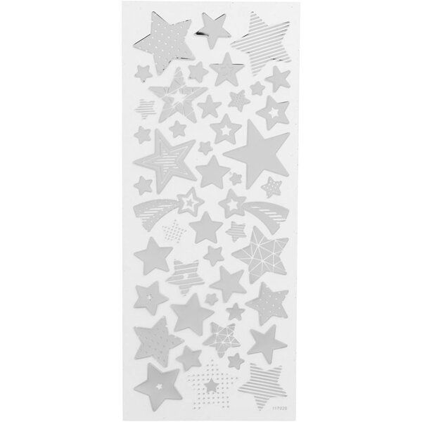 Creativ Company Stickers, sterren, vel 10x24 cm, ca. 52 stuk, zilver, 1 vel