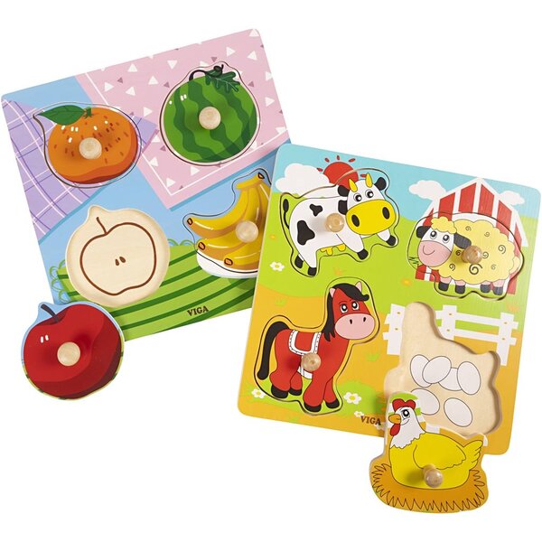 VIGA VIGA houten legpuzzels met knoppen, fruit en boerderijdieren, afm 22x22 cm, 2x4 delen, 2 onderdelen/ 1 set