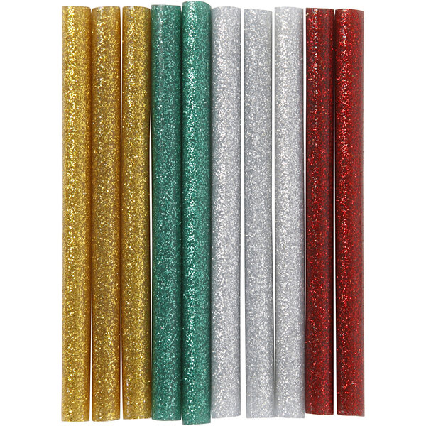 Creativ Company Lijmstiften Mini, L: 10 cm, d 7 mm, glitter, goud, groen, rood, zilver, 10 stuk/ 1 doos