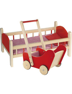 VIGA VIGA Poppenbed en houten Poppenwagen, rood, 2 onderdelen/ 1 set