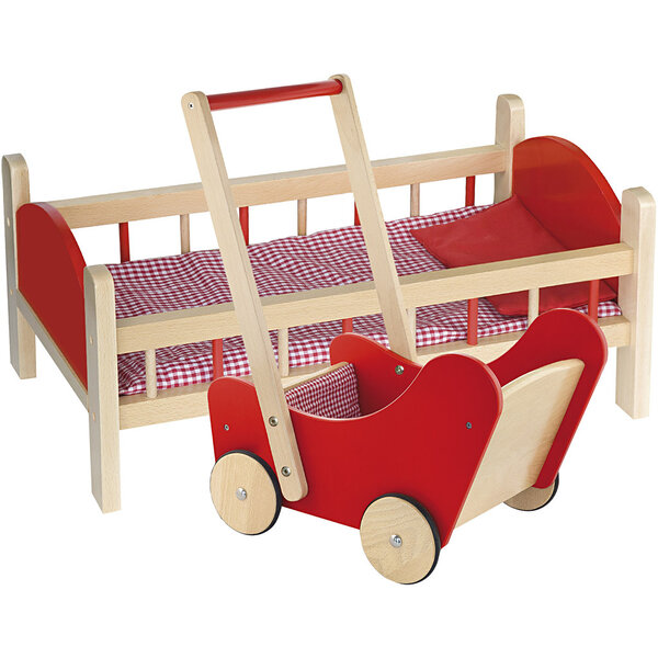 VIGA VIGA Poppenbed en houten Poppenwagen, rood, 2 onderdelen/ 1 set