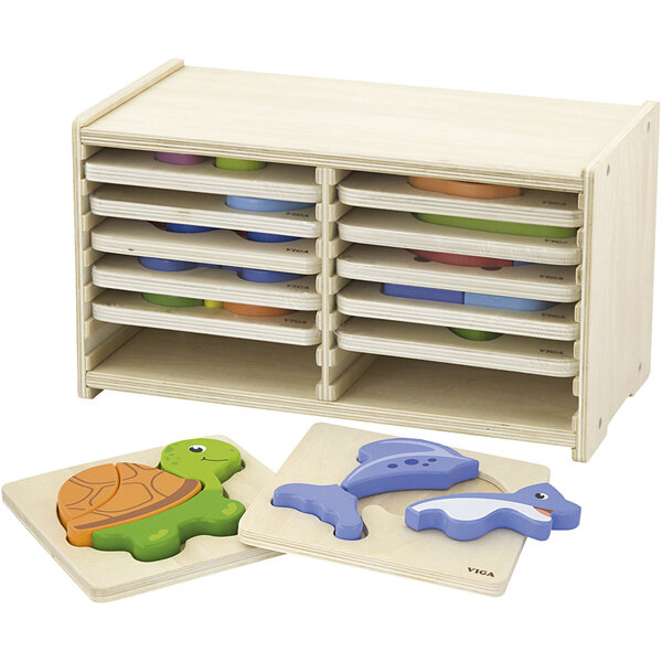 VIGA VIGA puzzelrek met 12 legpuzzels, H: 17,5 cm, L: 31,5, B: 16 cm, 2 delen, 12 onderdelen/ 1 set
