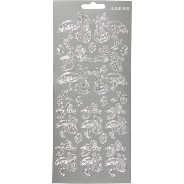 Creativ Company Stickers, ooievaar met baby, vel 10x23 cm, zilver, 1 vel