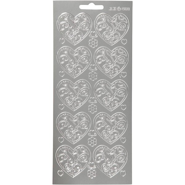 Creativ Company Stickers, harten, vel 10x23 cm, zilver, 1 vel