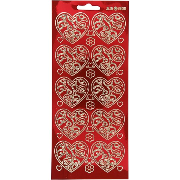 Creativ Company Stickers, harten, vel 10x23 cm, goud, transparant rood, 1 vel