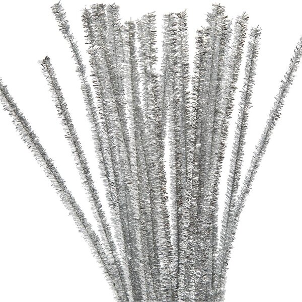 Creativ Company Chenille, L: 30 cm, dikte 6 mm, glitter, zilver, 24 stuk/ 1 doos