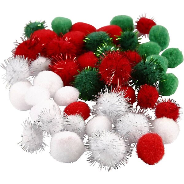 Creativ Company Pompons, d 15+20 mm, groen, rood, wit, 48 div/ 1 doos