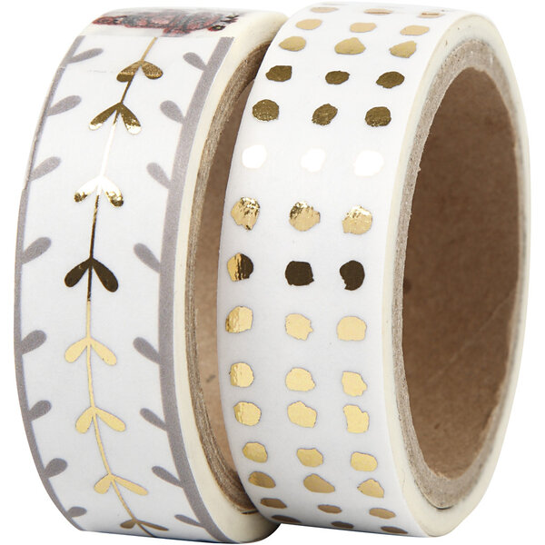 Vivi Gade Masking Tape, harten en stippen - folie, B: 15 mm, goud, wit, 2x4 m/ 1 doos