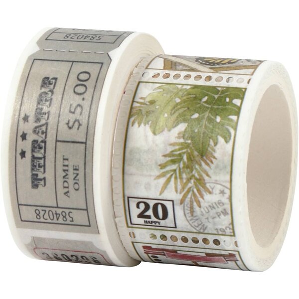 Creativ Company Masking tape, ticket en natuurmotieven, L: 3+5 M, B: 20+25 mm, 2 rol/ 1 doos